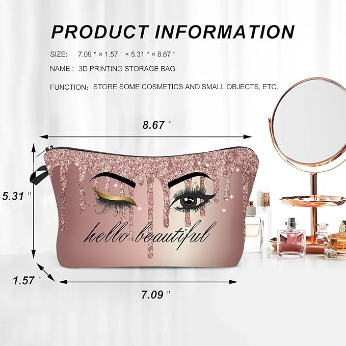 Hello Beautiful Makeup Bag for Purse Eyelash Pink Cosmetic Bags for Women Inspirational Gift Small Funny Cosmetics Glitters Eyeshadows Travel Bag Cases for Toiletries Accessories Organizer