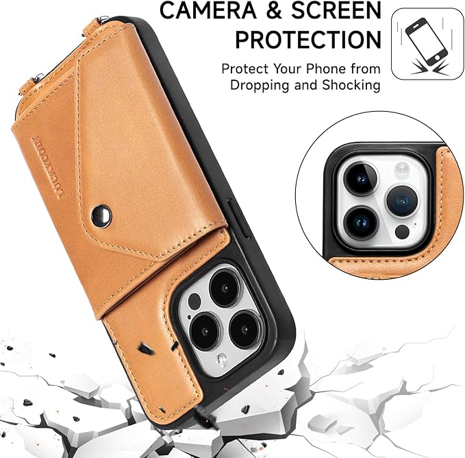 LUCKYCOIN Crossbody Wallet Phone Case for iPhone 14 Pro Max,100% Genuine Leather Wallet Phone Case with Expandable Flip Card Holder,Phone Purse for Women with Adjustable Removable Strap - Tan