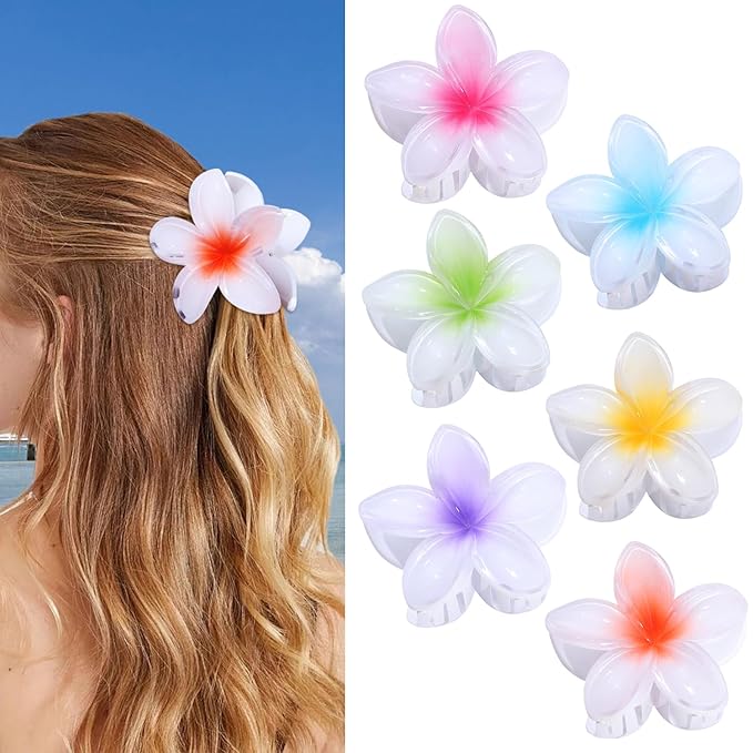 Flower Hair Clips 6 PCS Hawaiian Claw Clips for Vacation Hibiscus Hair Claw Clips Cute Large Hair Clips for Thick and Thin Hair Plumeria Hair Accessories for Women Girls -White Colorful