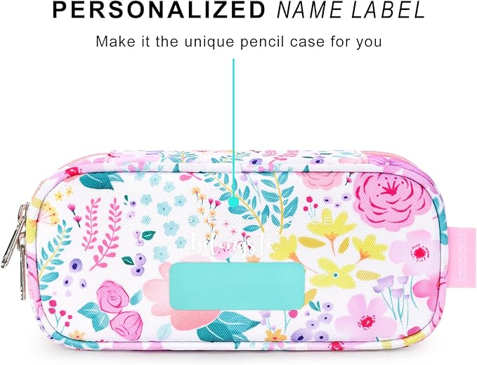mibasies Girls Pencil Case for Kids, Multi-Slot Pencil Pouch, Flower Pink White