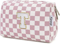Narwey Birthday Gifts for Teen Girls Kids Women Personalized Initial Checkered Makeup Bag Pink Monogram Cosmetic Bag Trendy Stuff 6 8 10 11 12 13 14 16 18 Years Old Travel Toiletry Bag (Dusty Rose T)