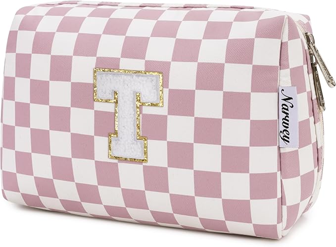 Narwey Birthday Gifts for Teen Girls Kids Women Personalized Initial Checkered Makeup Bag Pink Monogram Cosmetic Bag Trendy Stuff 6 8 10 11 12 13 14 16 18 Years Old Travel Toiletry Bag (Dusty Rose T)