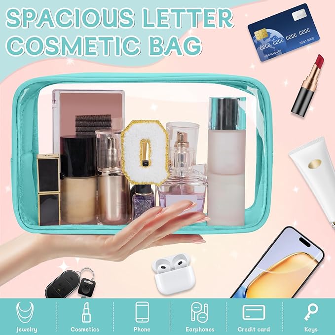 Personalized Initial Clear Makeup Bag, Travel Chenille Patch Cosmetic Bag, Preppy Toiletry Bag Monogram Cosmetic Pouch with Zipper, Ideal Gift for Teen Girls Women (Clear-Green, O)