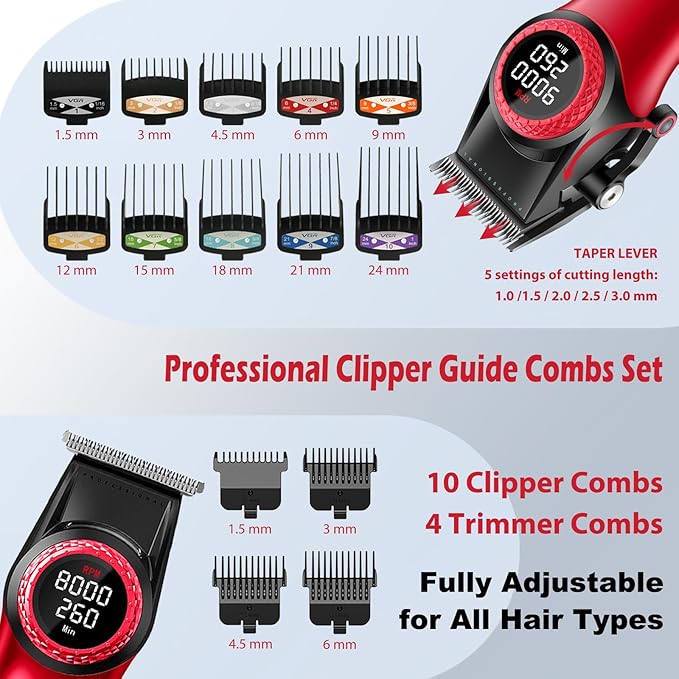 VGR 001 & 977 Professional Hair Clippers for Men, Cordless Barber Clippers and Zero Gap Trimmers Set, DLC Coating Blade Hair Cutting Kit with LED Display, USB Rechargeable Barber Set(Red)