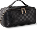 Abiudeng Travel Makeup Bag,Large Capacity Toiletry Bag Cosmetic Bags for Travel Essentials,Waterproof Portable Pouch Open Flat Makeup bag Organizer with Divider and Handle(Checkered-Black)
