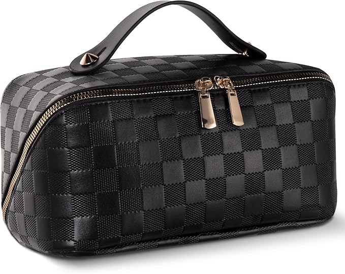 Abiudeng Travel Makeup Bag,Large Capacity Toiletry Bag Cosmetic Bags for Travel Essentials,Waterproof Portable Pouch Open Flat Makeup bag Organizer with Divider and Handle(Checkered-Black)