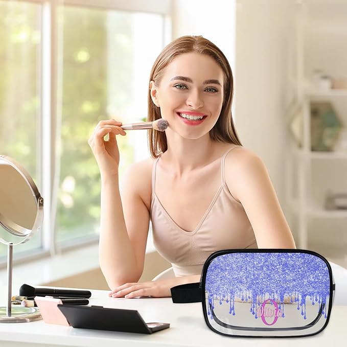 Personalized Name Clear Makeup Bag, Custom Women Transparent Cosmetic Travel Toiletry Bag Pouch Organizer for Vacation Weekend, Bright Blue Curtain Glittery