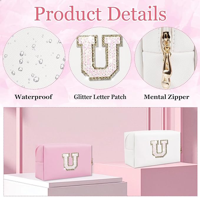 Small Personalized Glitter Initial Letter Makeup Bag, Cute PU Leather Chenille Letters Cosmetic Bag Travel Makeup Pouch, Preppy Travel Organizer Zipper Pouch for Women&Girls（White-U）