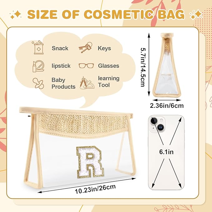 Personalized Initial Letter Bag Boho Straw Clear Makeup Bag,Small Cute Chenille Varsity Letter Pouch With Zipper,Beach Travel Toiletry,Portable Monogrammed Cosmetic Bag for Women Girls,R