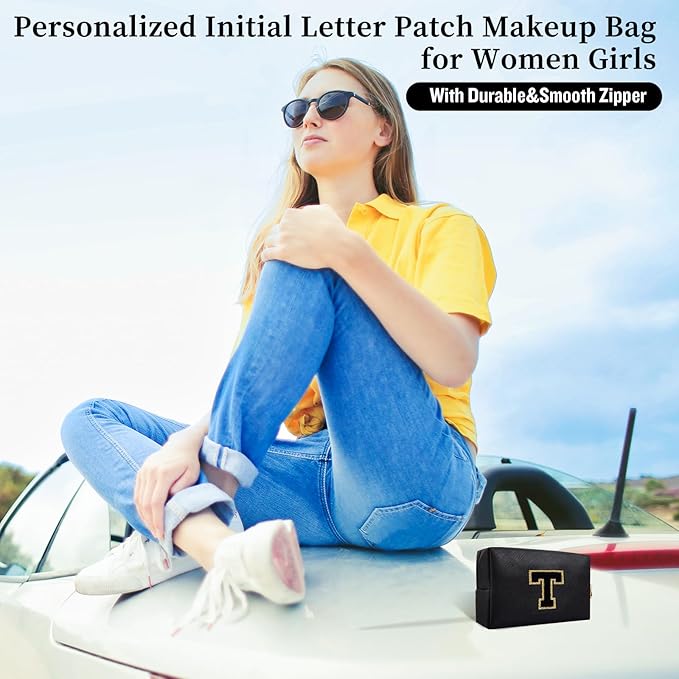 Personalized Initial Letter Patch Makeup Bag, Portable Chenille Letters Cosmetic Bag with Zipper, PU Leather Waterproof Travel Toiletry Bag Monogram Make Up Pouch for Women Girls(Letter T)