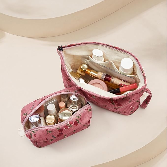Makeup bag set small Cosmetic bag for women purse Corduroy Organizer with interior Pockets,cute Pencil zipper Pouch travel Toiletry Bag with handle(Rose Red)