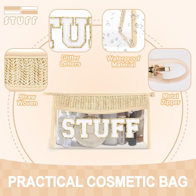 Small Boho Straw Clear Stuff Makeup Bags for Women&Girls, Zipper Cosmetic Bag Chenille Varsity Letter Patch Bag, Preppy Cute Toiletry Pouch, Trendy Organizer Storage Bag for Beach Travel Essentials