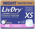 LivDry Adult XS Incontinence Underwear, Overnight Comfort Absorbency, Leak Protection, X-Small, 88-Pack