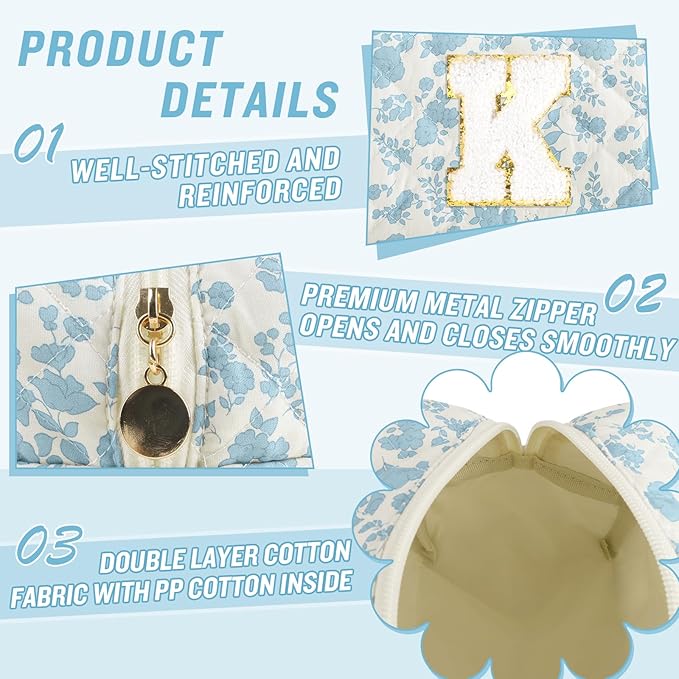 Personalized Quilted Cosmetic Bag, Puffy Monogrammed Christmas Birthday Gifts for Women & Girls, Cute initial Floral Makeup Bag Puffer Coquette Bag, Aesthetic Travel Toiletry Zipper Pouch(Blue,K)