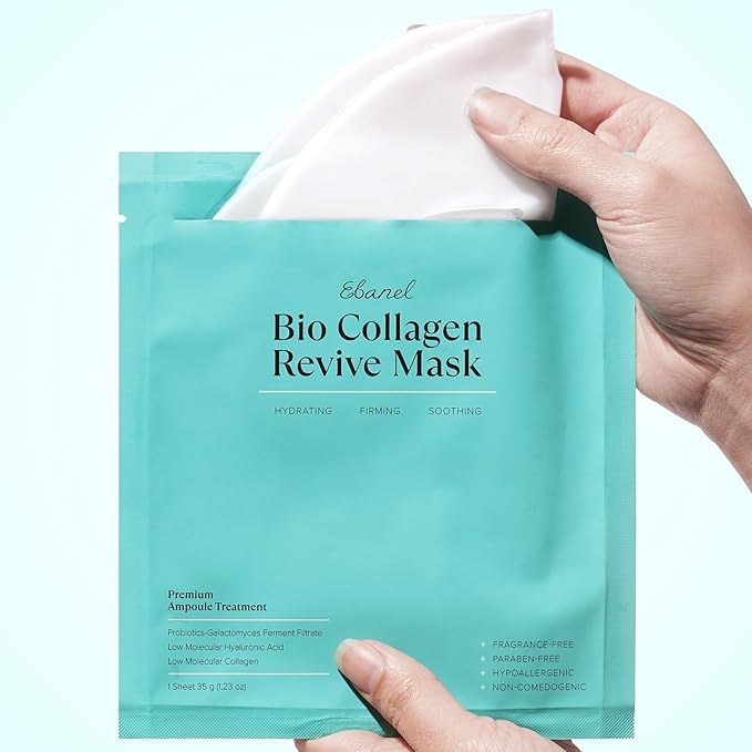 Ebanel Bio Collagen Face Mask, 4-Pack Hydrating Face Masks with 7 Peptides, Hyaluronic Acid, Niacinamide, Centella, Rose Water, Ceramide, and B5, Glass Skin Tightening and Lifting Korean Sheet Masks