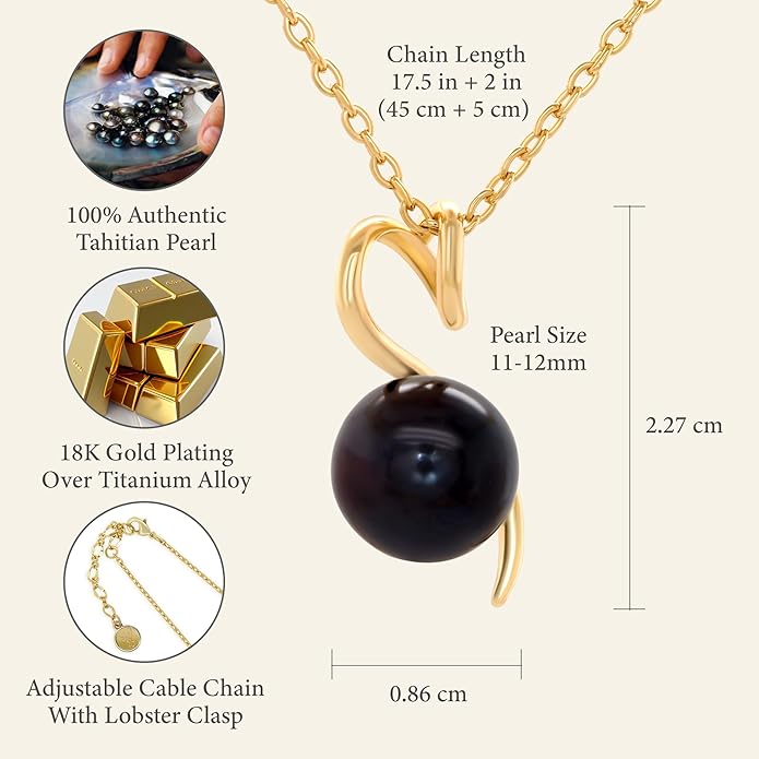 TRYNDI Real Tahitian Black Pearl Necklace Gifts for Women - Larger 11-12mm Luxury Pearl, Gifts For Wife Christmas - Valentines Soulmate Necklace For Women