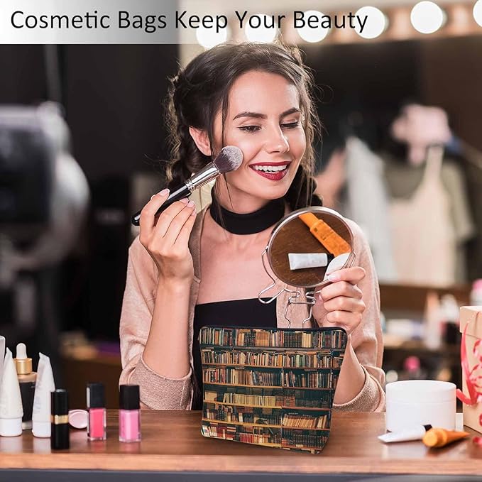 Vintage Library Bookshelf Makeup Bag for Purse, Travel Toiletry Pouch, Cosmetic Organizer, Old Books Pattern Flax Pencil Case for Men and Women