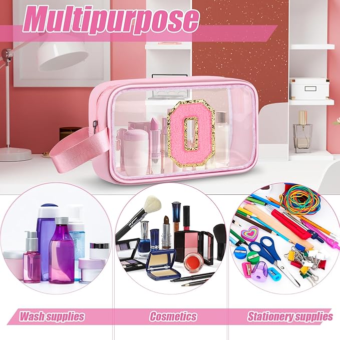 Initial Makeup Bag,Letter O Cute Clear Monogrammed Cosmetic Travel Bag for Womens Girls,Personalized Pink Aesthetic Traveling Make Up Organizer Bag for Beach,Waterproof Toiletry Bag