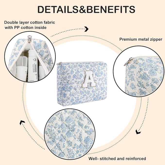 Alphabet Makeup Bag Cosmetic Bag for Women, Christmas Gifts for Age 11-18, Personalized Floral Coquette Travel Bag, Trendy Stuff Zipper Make Up Pouch Organizer Bag (Blue Floral A)