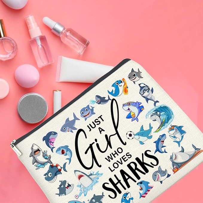 Shark Gifts Makeup Bag Sharks Lover Gifts Shark Gifts for Women Friend Sister Girl Birthday, Just a Girl Who Loves Sharks Zipper Makeup Pouch
