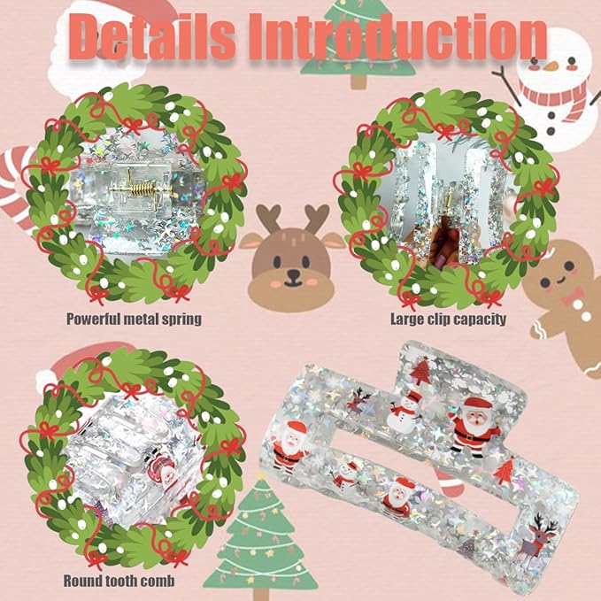 Christmas Hair Clips - Acrylic Square Transparent Large Claw Clip for Medium Thick Hair Styling - Santa Claus Elk Snowman Glitter Design Nonslip Clamp Accessories - 1Pcs Christmas Hair Decorations