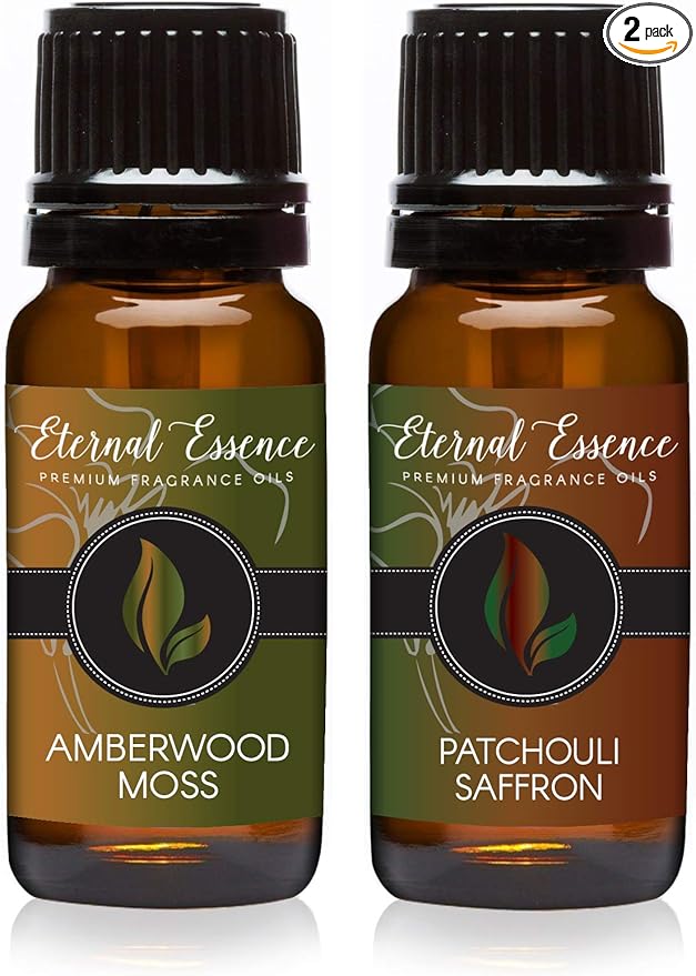 Eternal Essence Oils 2 Pack 10ml Premium Fragrance Oil - Amberwood Moss & Patchouli Saffron - for Candle, Soap Making, Aromatherapy, Diffusers, Home Care, & Humidifiers