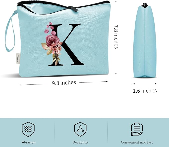 Vavabox A-Z Personalized Makeup Bag, Birthday Gifts for Women Mom, Gifts for Best Friend, Bride Bridesmaid Cosmetic bag (K, Green)