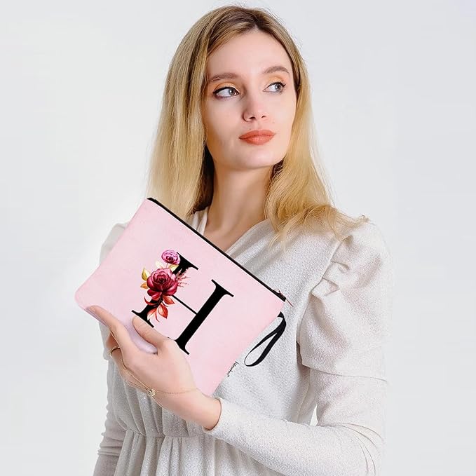Vavabox A-Z Personalized Makeup Bag, Birthday Gifts for Women Mom, Gifts for Best Friend, Bride Bridesmaid Cosmetic bag (H, Pink)