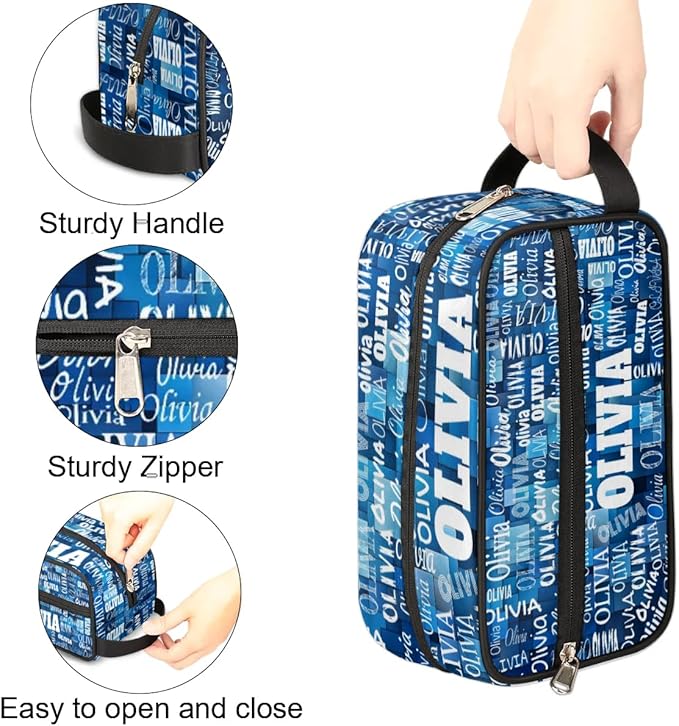 Custom Name Makeup Bag Travel Bag, Toiletry Bag Travel Large Capacity Cosmetic Container Organizer for Shampoo, Blue Geometric Pattern