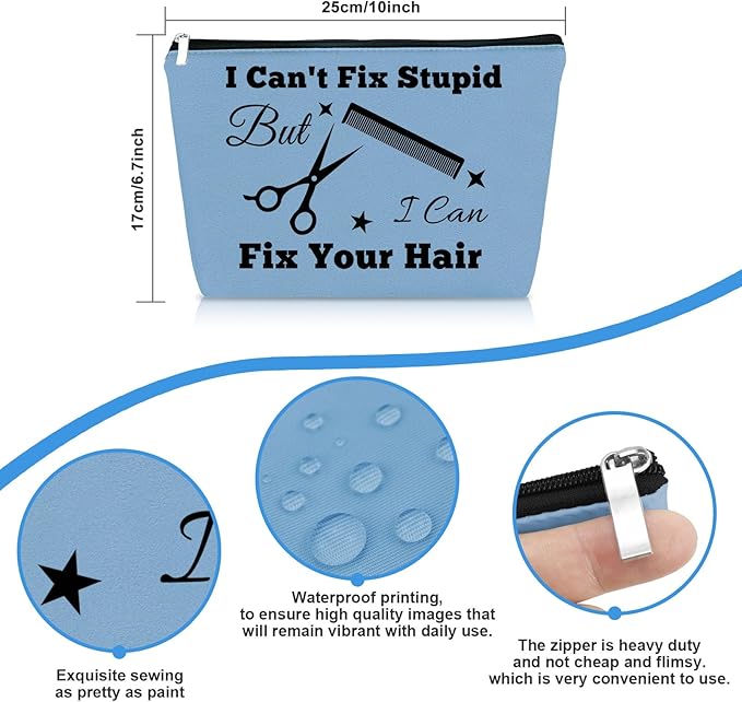 Hairdresser Gifts Hair Stylist Makeup Bag Hairstylist Present Cosmetic Bags Funny Hair Dresser Gift Christmas Graduation Birthday Present for Hairdresser Barber Salon Blue Cosmetic Pouch Makeup Case