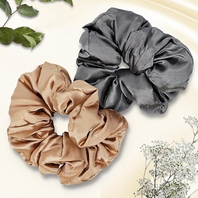 Kitsch Satin Scrunchies for Women - No Crease Hair Ties for Girls | Big Scrunchies for All Hair Types and Textures, Perfect for Day or Night | Ideal Gifts for Women - 2 Pcs, Charcoal and Gold