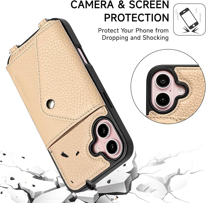 LUCKYCOIN Crossbody Wallet Phone Case for iPhone 16,100% Genuine Leather Wallet Phone Case with Expandable Flip Card Holder,Phone Purse for Women with Adjustable Removable Strap - Pebble Beige