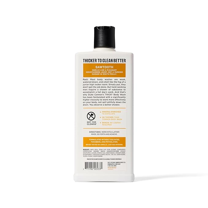 Duke Cannon Supply Co. Mens THICK Body Wash - Free of Sulfate, Paraben, & Phthalates Leaving Skin Soft and Hydrated - High Viscosity Odor Protection - Long Lasting Freshness - Sawtooth (18oz)