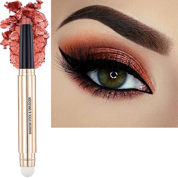 2 in1 Orange Copper Eyeshadow Stick Makeup Cream Shimmer Smooth Eyeshadow Pencil Hypoallergenic Natural Waterproof Long Lasting Eye Shadow Pen Highlighter Stick Multi-Dimensional Eyes Look 05