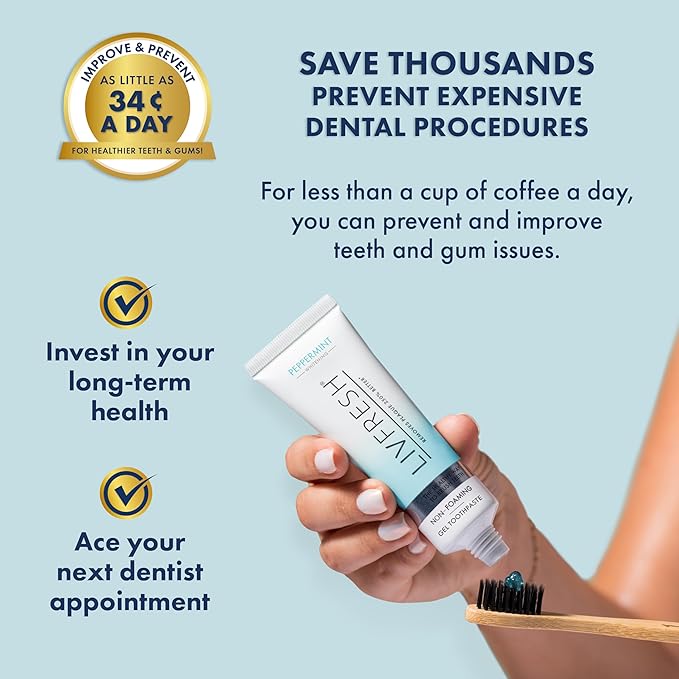 LIVFRESH Toothpaste Gel, Clinically Proven to Remove Plaque 250% Better, Improves Gum Health 190% Better, Prevents & Reduces Tartar, Peppermint