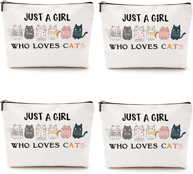 4pcs Cats Makeup Bags for Women, Cute Cat Themed Gifts Cosmetic Bag Travel Zipper Pouch for Sister Bestie, Christmas Birthday Gifts for Women Girls Cat Mom