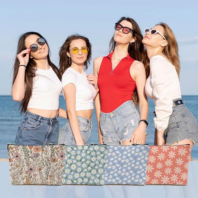 4pcs Secret Santa Gifts Vintage Floral Makeup Bag, Daisy Flower Cosmetic Bag Garden Gifts for Women Female Girls Sister BFF Nature Lover, Travel Zipper Pouch Christmas Thanksgiving Birthday Gifts