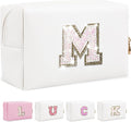 Initial Letter Patch Makeup Bag, Small Preppy A-Z Glitter Letter Cosmetic Bag, PU Leather Waterproof Travel Toiletry Bag, Cute Make Up Pouch Personalized Monogrammed Gift for Women Teen Girls
