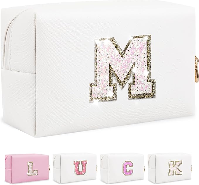 Initial Letter Patch Makeup Bag, Small Preppy A-Z Glitter Letter Cosmetic Bag, PU Leather Waterproof Travel Toiletry Bag, Cute Make Up Pouch Personalized Monogrammed Gift for Women Teen Girls