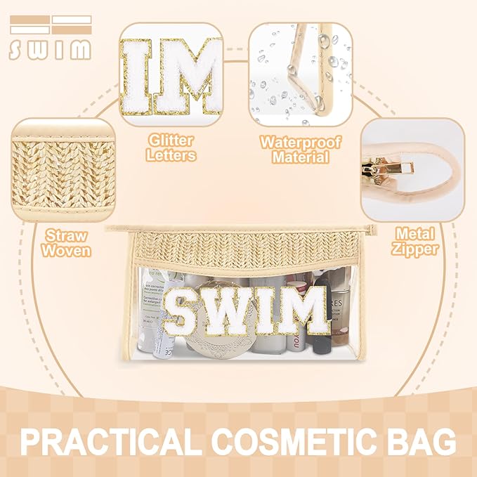 Small Boho Straw Clear Swim Makeup Bags for Women&Girls, Zipper Cosmetic Bag Chenille Varsity Letter Patch Bag, Preppy Cute Toiletry Pouch, Trendy Organizer Storage Bag for Beach Travel Essentials