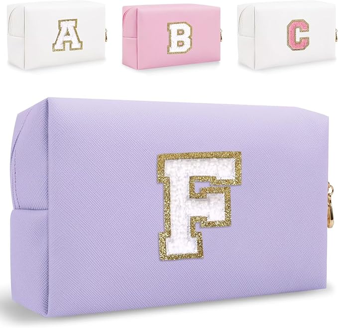 Small Personalized Letter Makeup Bag, Cute PU Leather Chenille Letters Cosmetic Bag Travel Makeup Pouch, Preppy Travel Organizer Zipper Pouch for Women&Girls（Purple-F）