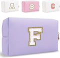 Small Personalized Letter Makeup Bag, Cute PU Leather Chenille Letters Cosmetic Bag Travel Makeup Pouch, Preppy Travel Organizer Zipper Pouch for Women&Girls（Purple-F）