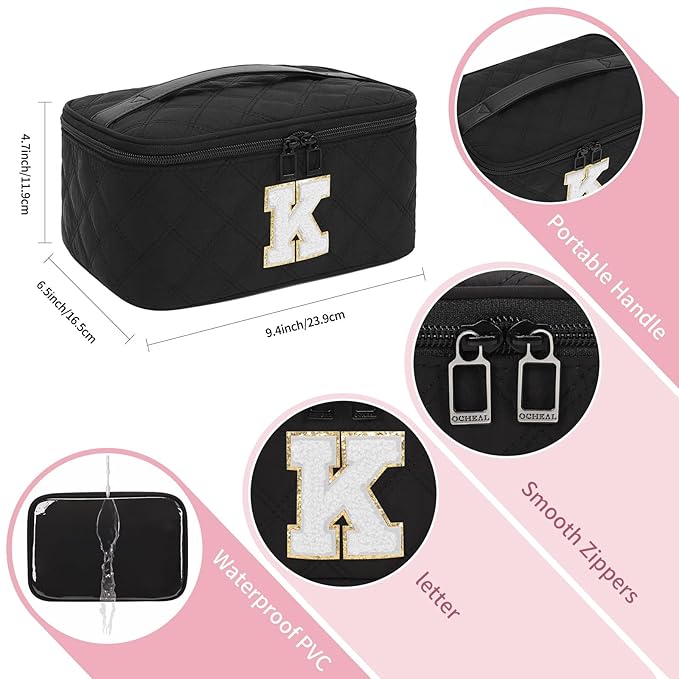 OCHEAL Makeup Bag for Women, Monogram Cosmetic Bag with Brush Holder,Black Travel Makeup Case Beauty Toiletry Bag Organizer Personalized Gifts for Girls Bridesmaid, Sister, Wife, Friends Initial K