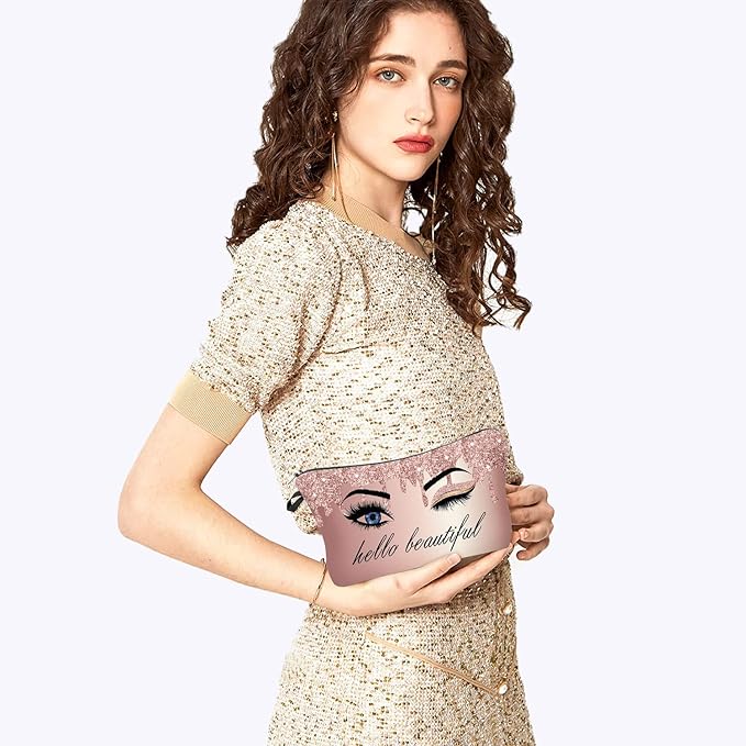 Hello Beautiful Makeup Bag for Purse Eyelash Pink Cosmetic Bags for Women Inspirational Gift Small Funny Cosmetics Glitters Eyeshadows Travel Bag Cases for Toiletries Accessories Organizer