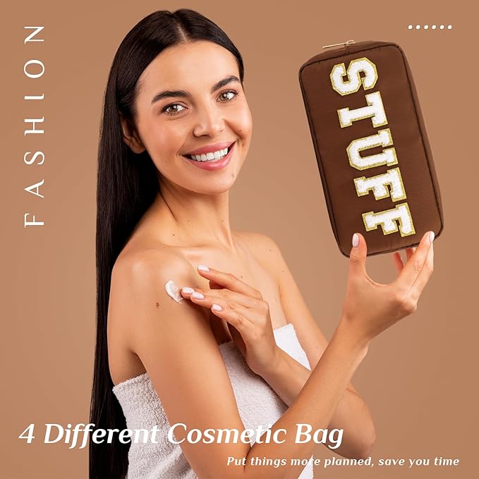 Cunno 4 Pcs Preppy Makeup Bags Chenille Letter Stuff Bag Nylon Cosmetic Pouch Cases with Zipper for Women Travel Toiletry