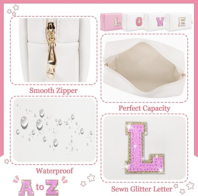 Initial Letter Patch Makeup Bag, Small Preppy A-Z Glitter Letter Cosmetic Bag, PU Leather Waterproof Travel Toiletry Bag, Cute Make Up Pouch Personalized Monogrammed Gift for Women Teen Girls