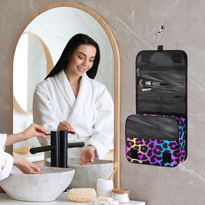 Travel Toiletry Bag for Women & Men Leopard Colorful Skin Hanging Cosmetic Organizer Portable Waterproof Makeup Case Make Up Bag with Compartments Travel Essentials for Bathroom Shower