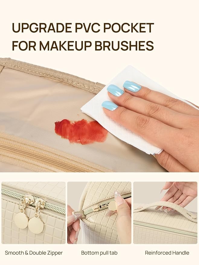 Telena Leather Make Up Bag Portable Travel Makeup Bag Waterproof Cosmetic Bags for Women Large Capacity With Handle and Divider Open Flat