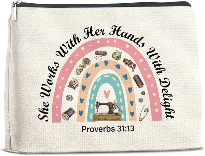 Sewing Lover Gifts Makeup Bag Gift for Quilter, Christian She Works with Her Hands in Delight Cosmetic Bag Zipper Makeup Pouch
