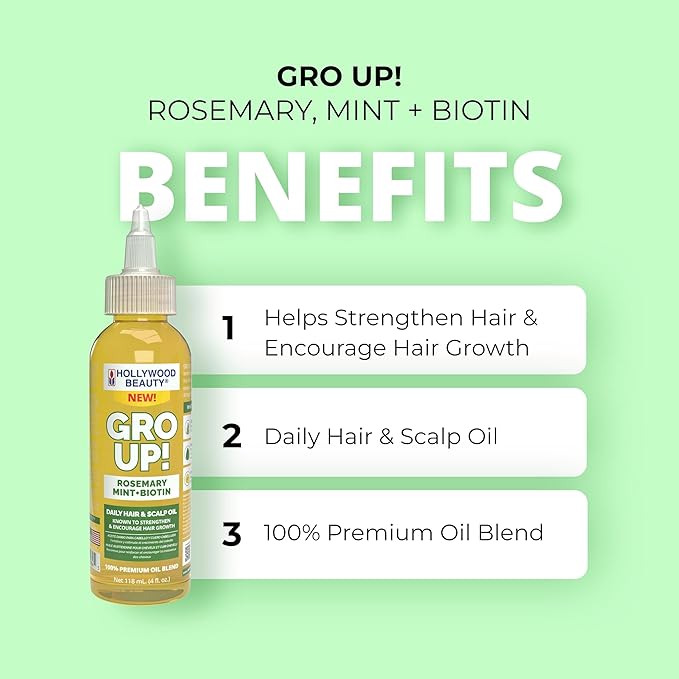 Hollywood Beauty Gro Up! Daily Hair & Scalp Oil with Rosemary, Mint, and Biotin, 4 fl oz